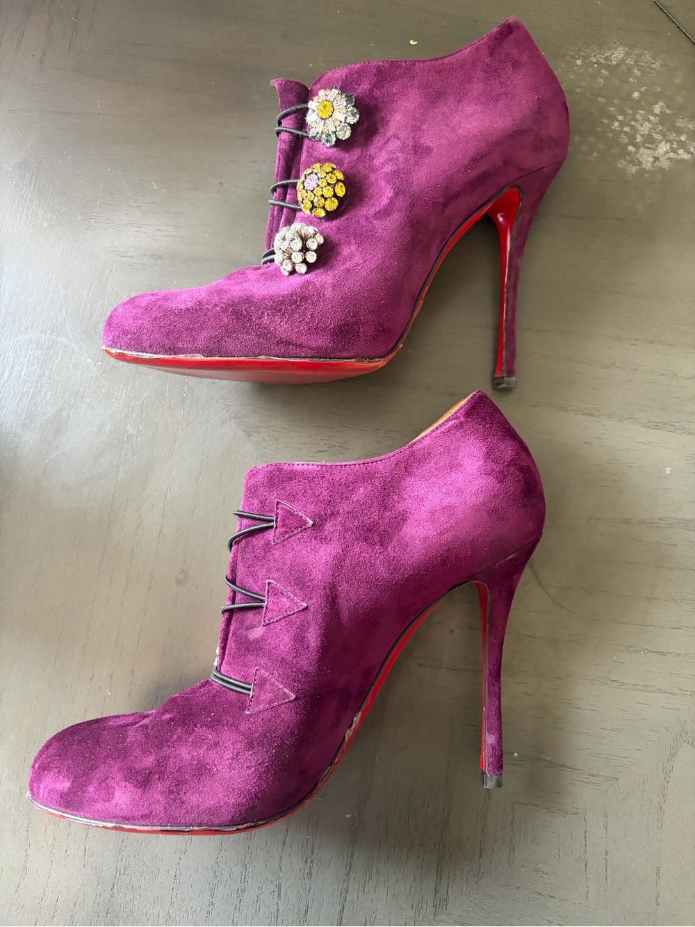 Christian Louboutin Purple Suede Jeweled Lace-Up Booties - Picture 3 of 6